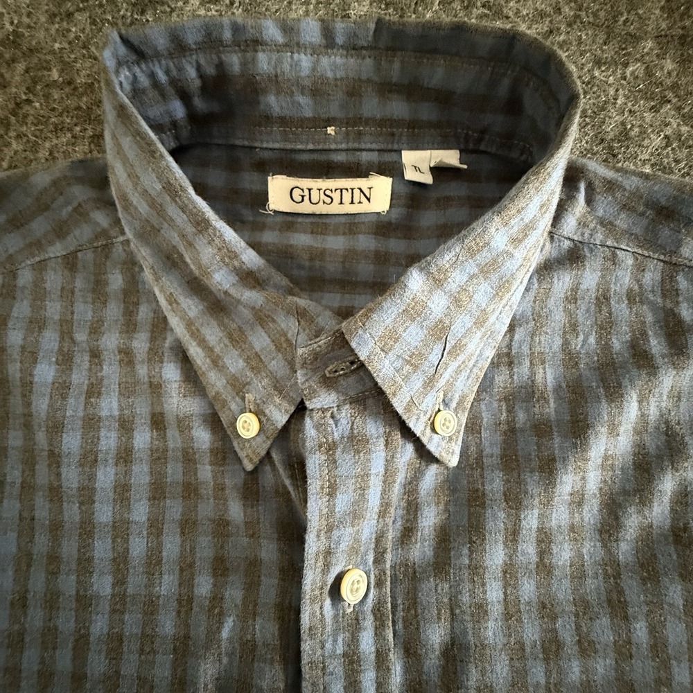 Gustin Button Down Shirt Mens XLT Blue Gray Gingham Check Made USA Cotton